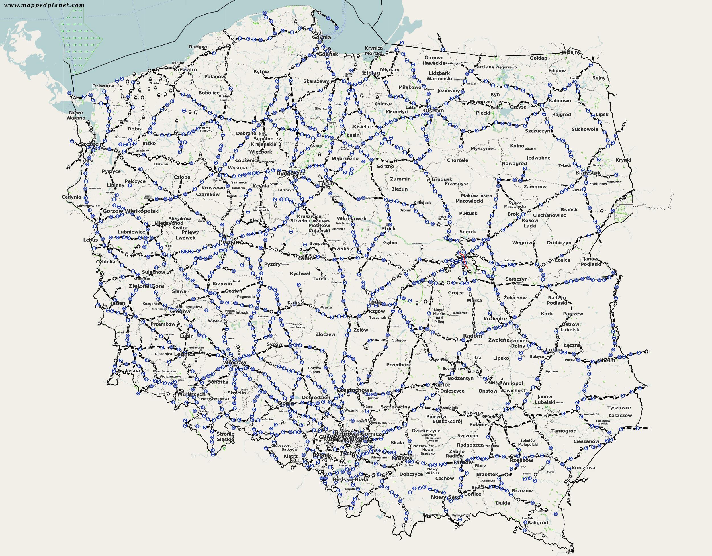 Mapa kolejowa Polski - Mapa Polski - Mapa Polski pociÄ…g