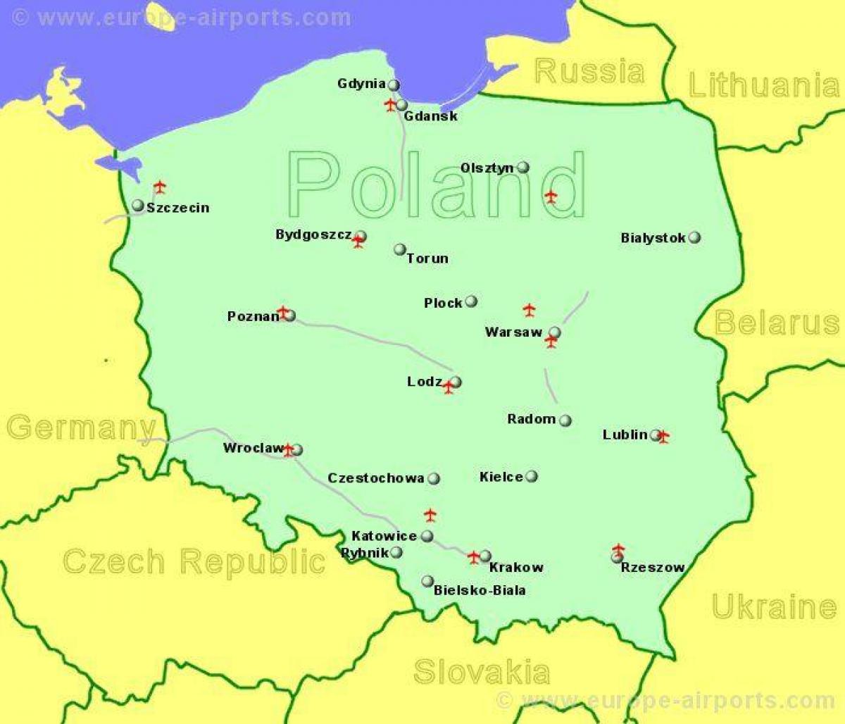 mapa Polski pokazuje lotnisk
