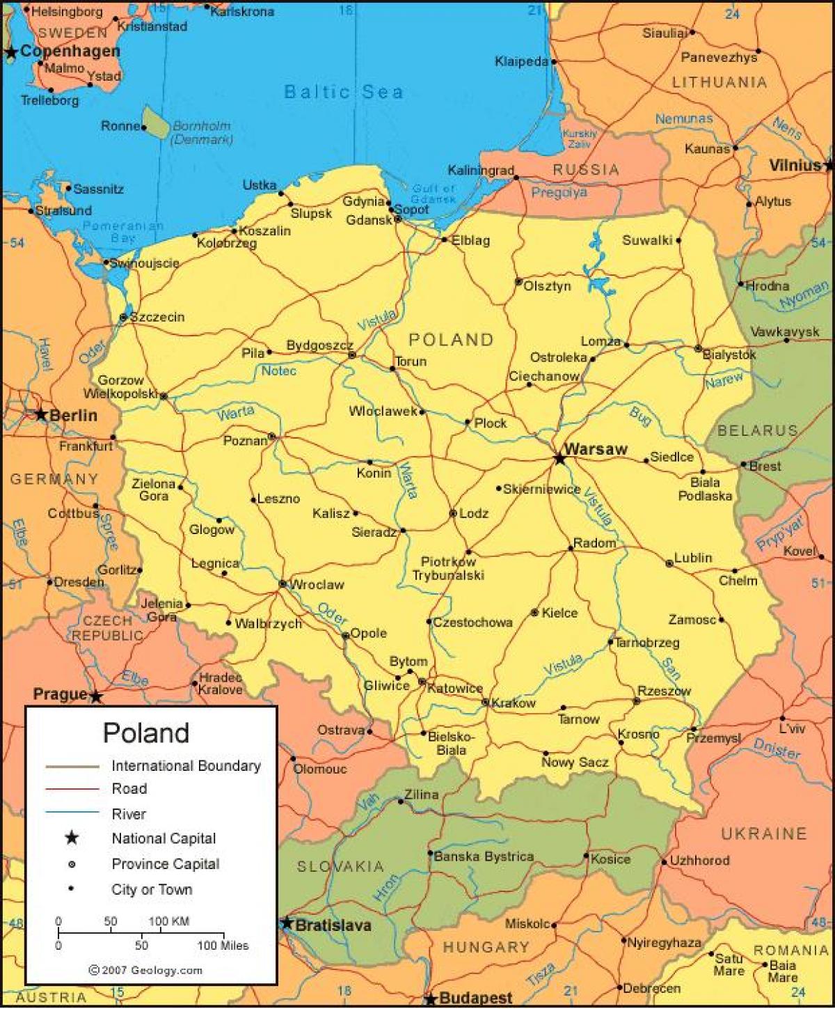 Mapa granic Polski - Zachodniej Polski mapa (Europa Wschodnia - Europa)